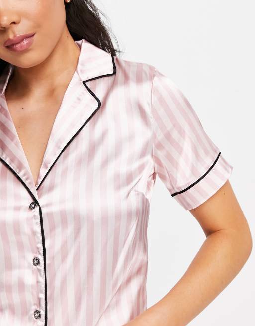 Lipsy satin short sleeve shirt short pajama set in pink stripe