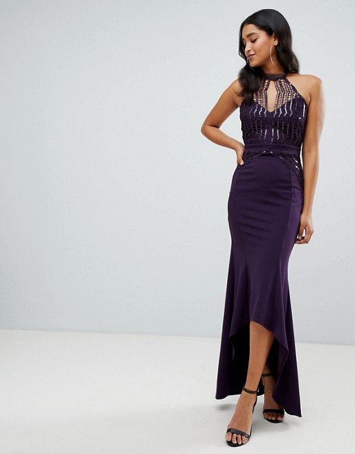 Lipsy scallop front sequin maxi dress with asymmetric hem in purple