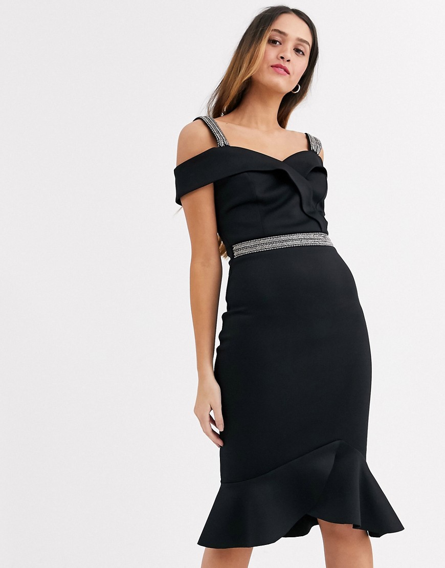 Lipsy - Scuba mini-jurk met ruches aan de zoom en versierde rand in zwart