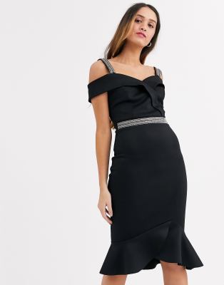 lipsy petite ruffle detail diamanté trim midi dress