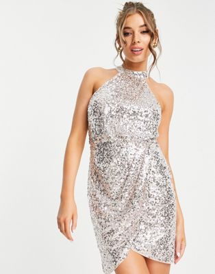 Lipsy sequin halter dress in silver