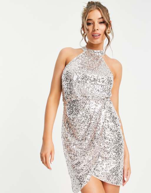 Lipsy sequin halter dress in silver | ASOS