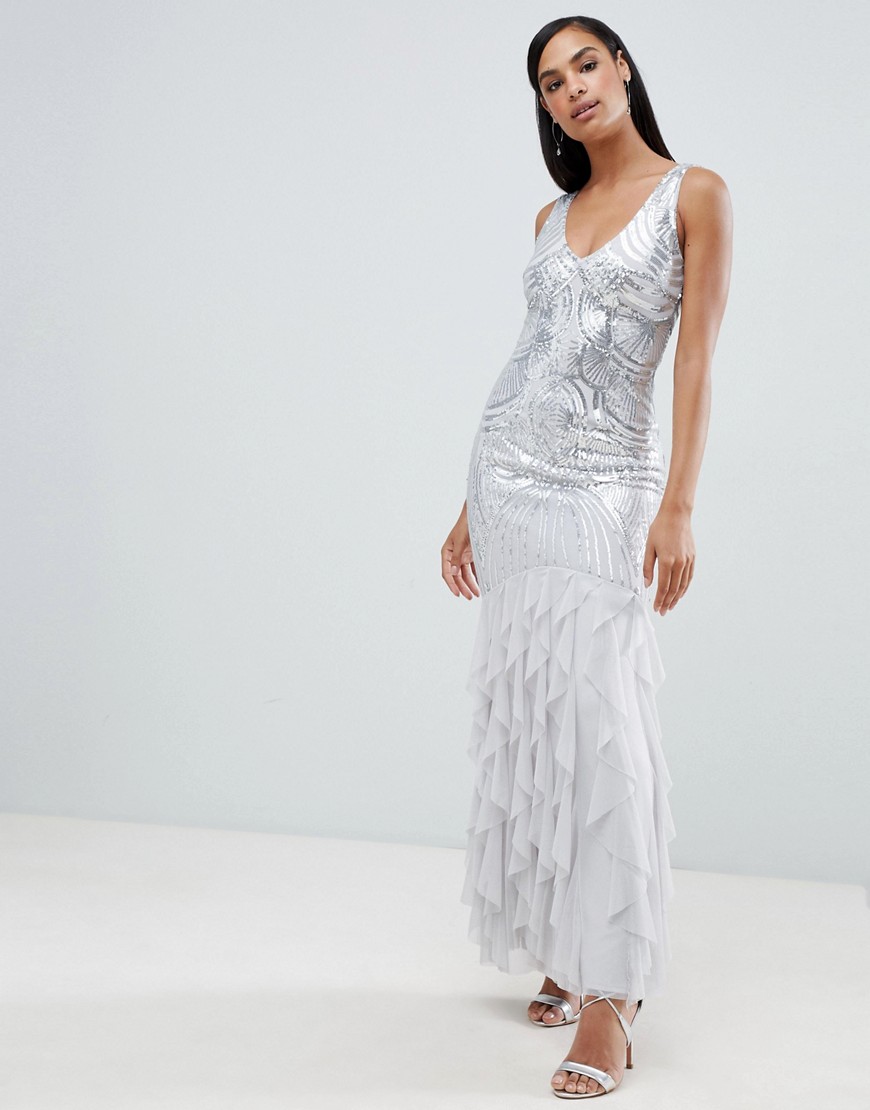Lipsy sequin maxi dress with tulle skirt-Silver