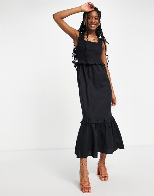 Lipsy shirred strap frill midi dress in black