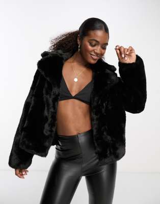 Lipsy Short Collared Faux Fur Coat In Black