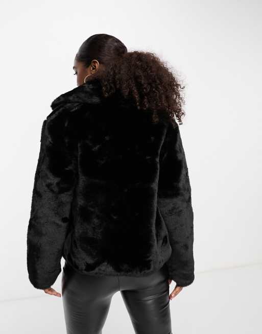 Lipsy short collared faux fur coat in black