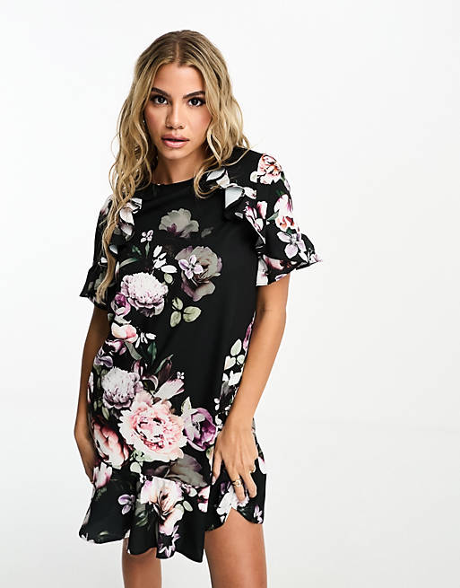 Lipsy short sleeve shift dress in black floral | ASOS