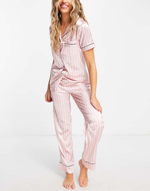 Lipsy short sleeve shirt and pant pajama set in pink stripe ASOS