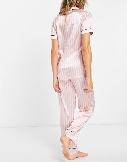 Lipsy short sleeve shirt and pant pajama set in pink stripe ASOS