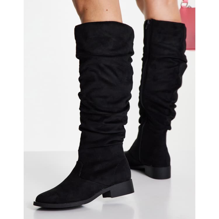 Black flat slouch 2025 knee high boots