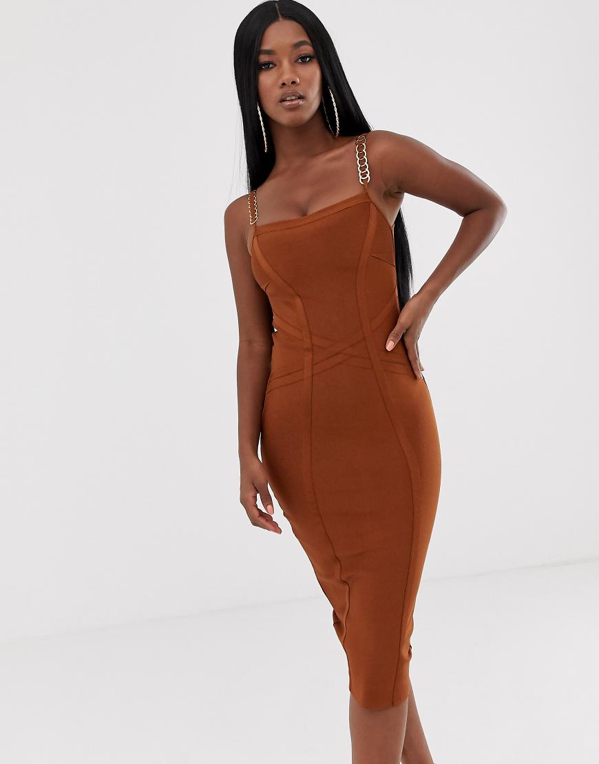 Lipsy square neck bandage midi dress with strappy back in ginger | ASOS