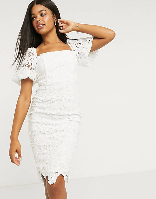 Lipsy square neck puff sleeve pencil dress in white | ASOS