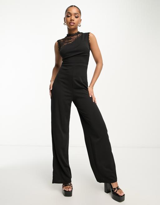 Lipsy - Tuta jumpsuit a fondo ampio nera con inserto in pizzo