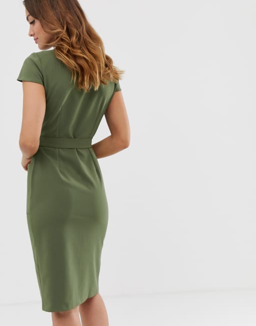 Lipsy utility tie waist midi dress in khaki