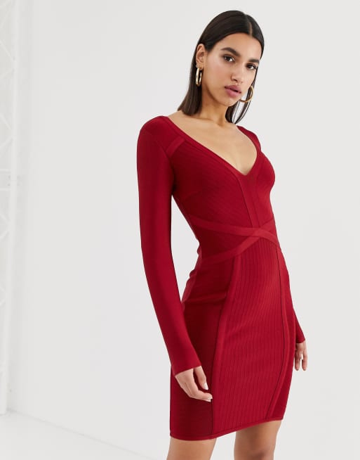 Lipsy v neck bandage dress in red | ASOS