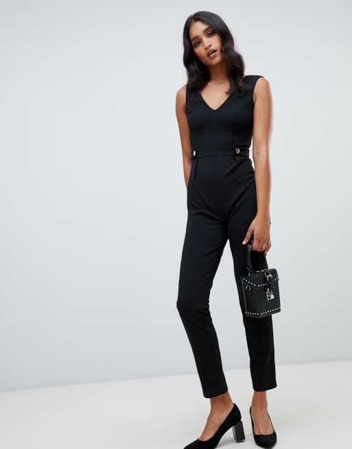 Lipsy V neck jumpsuit with button detail in black | ASOS