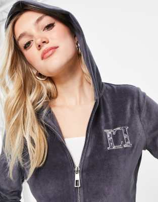 Lipsy velour motif detail hoodie in charcoal-Grey