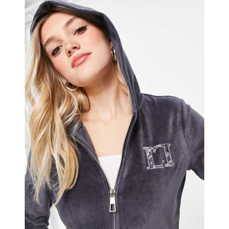 Lipsy velour motif detail hoodie in charcoal