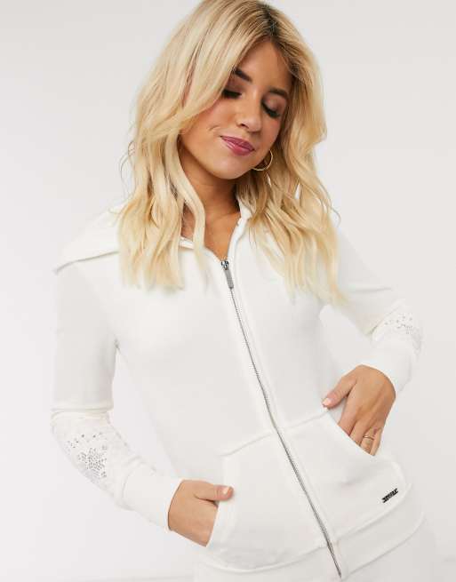 Lipsy velour zip through hoody in cream