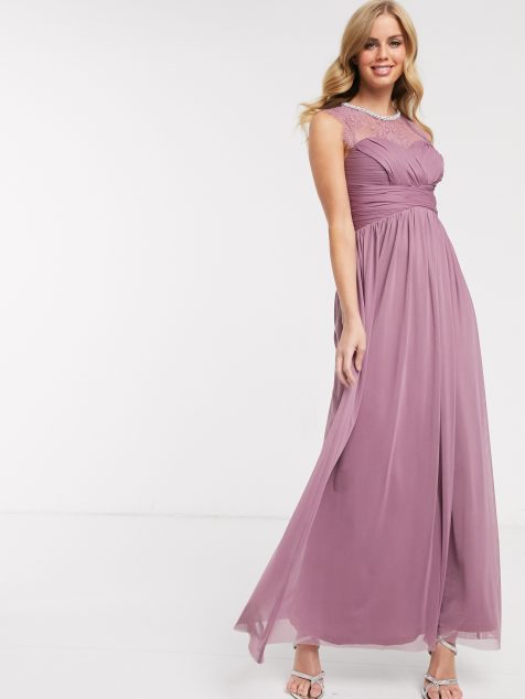 Lipsy – Verziertes Maxi-Brautjungfernkleid aus Spitze in Rosa