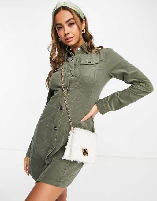 Lipsy - Vestito camicia in tessuto a coste oliva