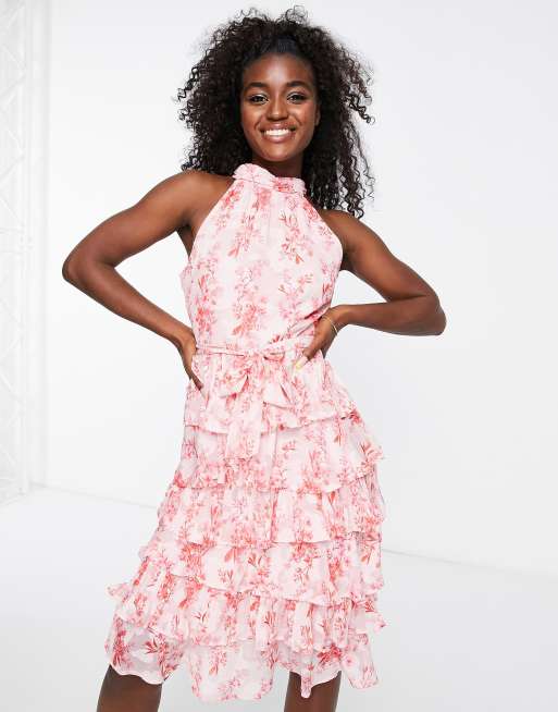 Lipsy - Vestito midi allacciato al collo rosa stampato con gonna con volant, 4 di 4