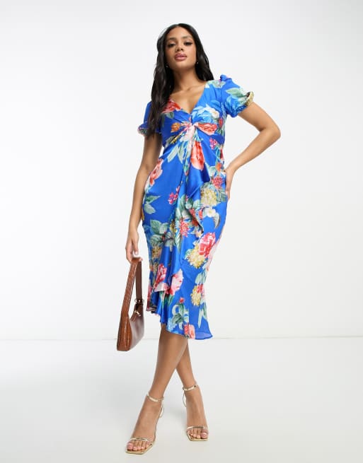 Lipsy - Vestito midi blu a fiori con maniche a sbuffo
