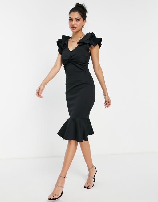 Lipsy - Vestito midi fasciante in tessuto scuba nero con volant