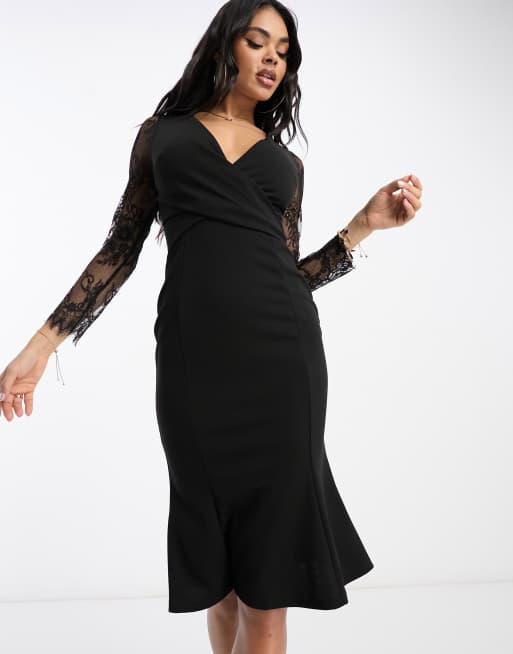 Lipsy - Vestito midi nero avvolgente con dettagli in pizzo