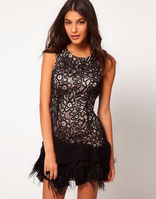lipsy vip lace embroidered feather hem dress