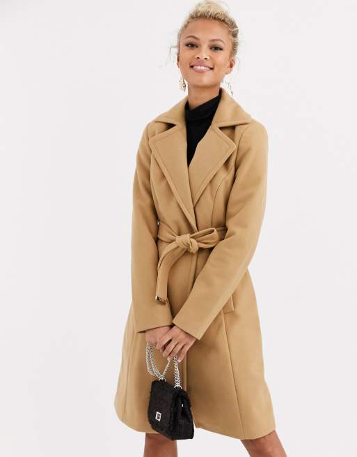 Lipsy wool blend tie coat in camel ASOS