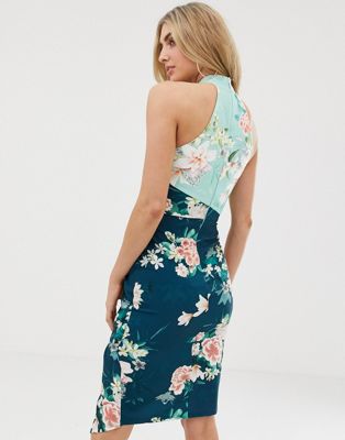 lipsy wrap front high neck midi dress in floral print