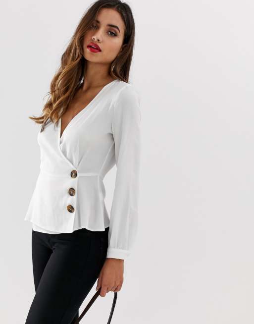 Lipsy wrap front top with button detail in white | ASOS