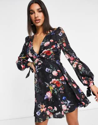 Lipsy Wrap Mini Dress In Black Floral ModeSens