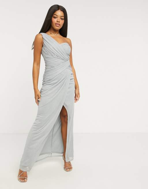 Lipsy x Abbey Clancy glitter one-shoulder maxi dress in blue