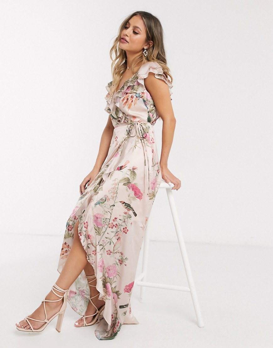 Lipsy x Abbey Clancy - Midi-jurk met overslag en ruches aan de voorkant in roze bloemenprint-Multi