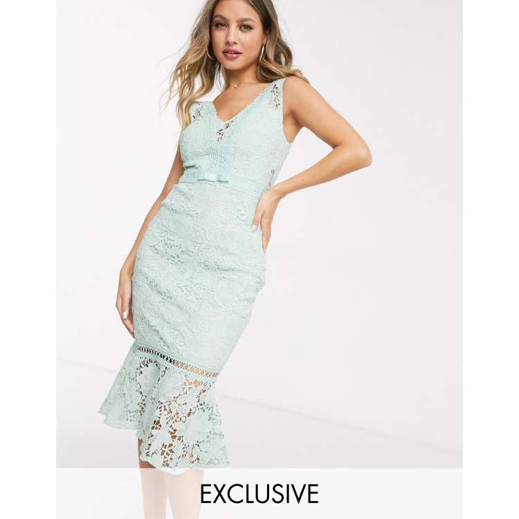 Lipsy x Abbey Clancy plunge front all over lace dress with fluted hem in  green