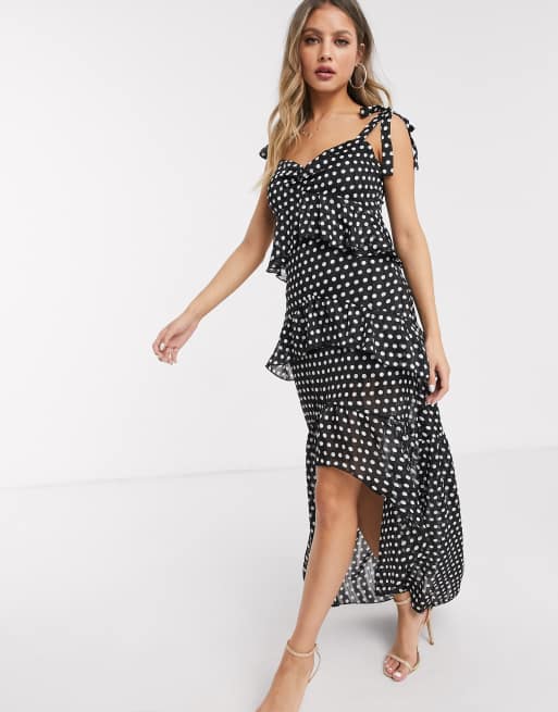 Lipsy x Abbey Clancy ruffle tiered maxi dress with tie shoulder detail ...