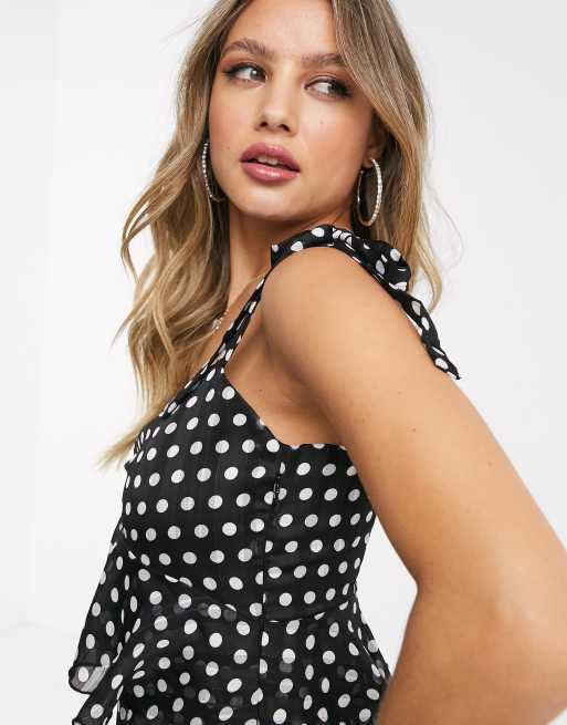 Lipsy x Abbey Clancy ruffle tiered maxi dress with tie shoulder detail in  polka print