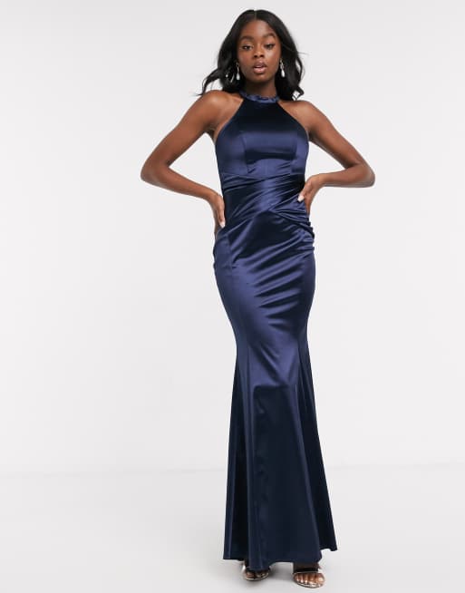 Lipsy x Abbey Clancy - Vestito audace lungo accollato con nodo sul davanti blu navy notte