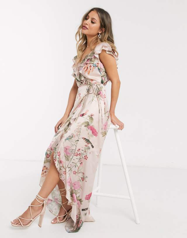 Lipsy x Abbey Clancy wrap front ruffle midi dress in pink floral print