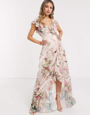 Lipsy x Abbey Clancy wrap front ruffle midi dress in pink floral print |  ASOS