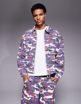 Liquor N Poker Liqour N Poker relaxed denim zip jacket co-ord in burgandy camo-Multi