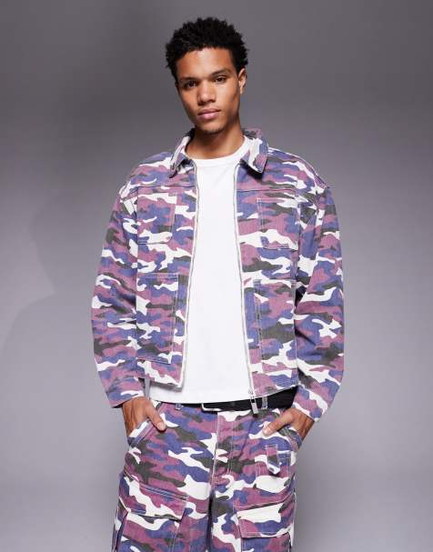 Liqour N Poker relaxed denim zip jacket co-ord in burgandy camo - view 1