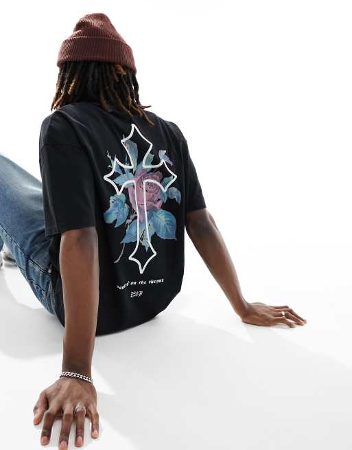 Liqour N Poker - T-shirt met grafische kruisprint in zwart met wassing 