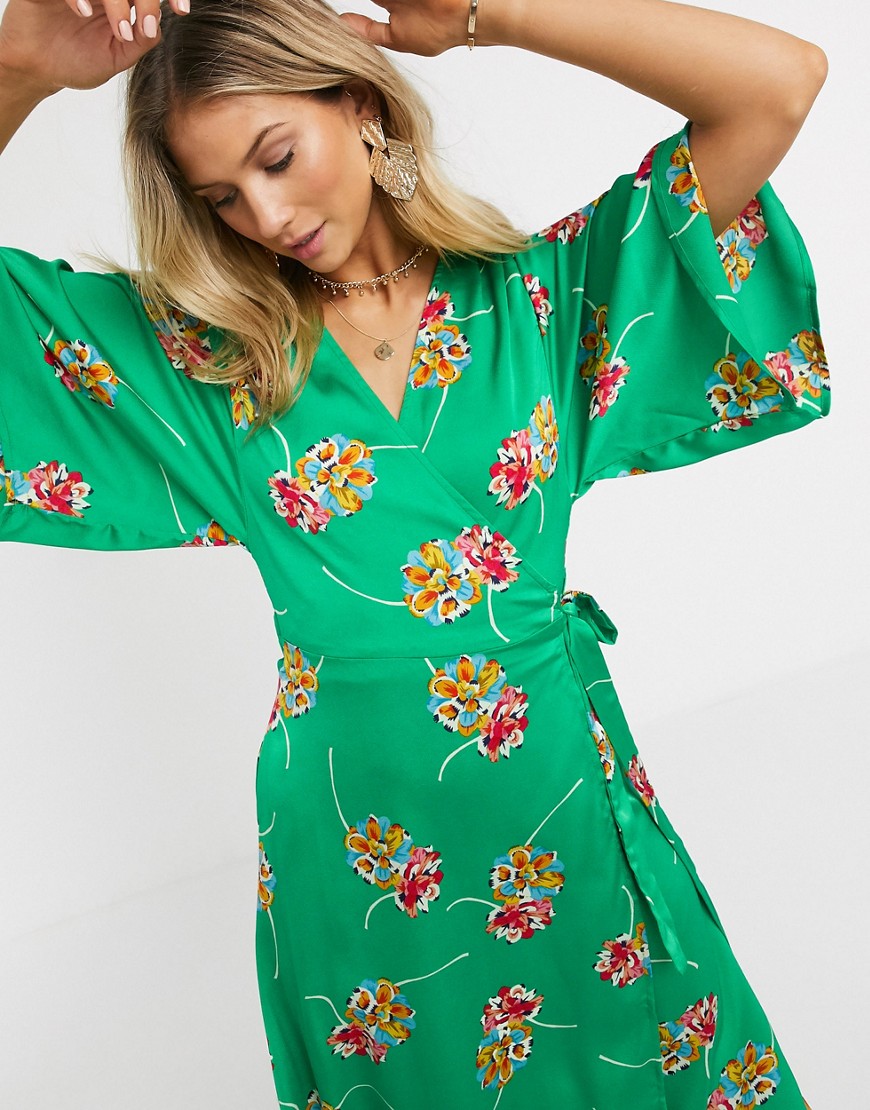 Liqourish - Midi-jurk met overslag in groene bloemenprint