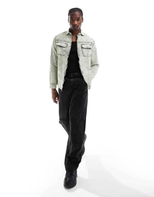 Liquor N Poke - Denim utility overshirt in acid wash kaki