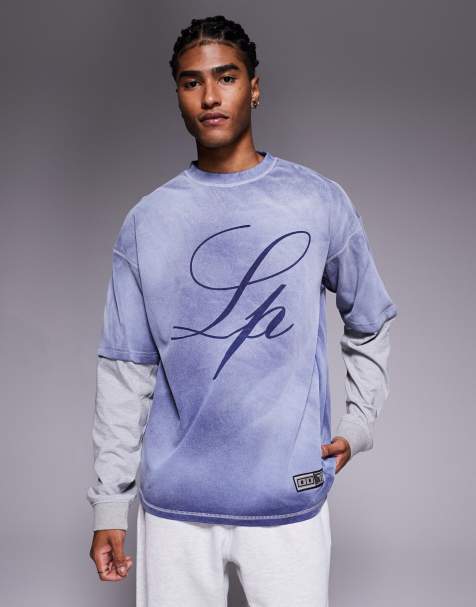 Liquor N Poker 270gsm melange long sleeve t-shirt with distorted logo in navy - view 1