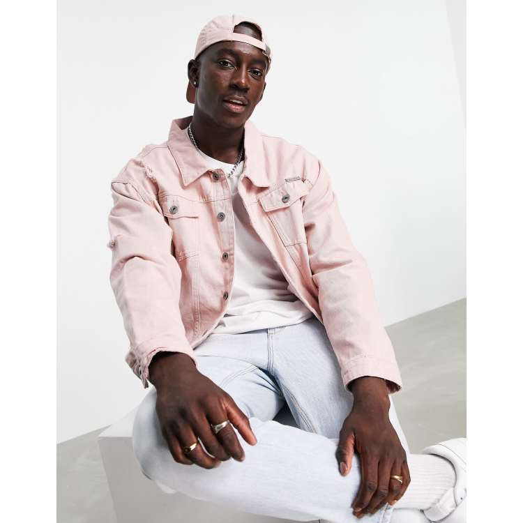 Pink denim jacket hotsell distressed