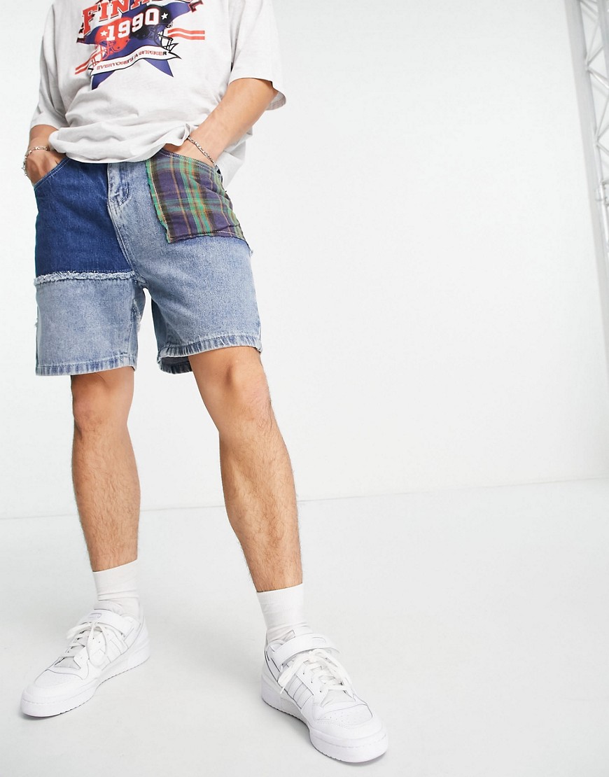 Liquor N Poker 90s relaxed patchwork denim coordinating shorts in blue-Blues